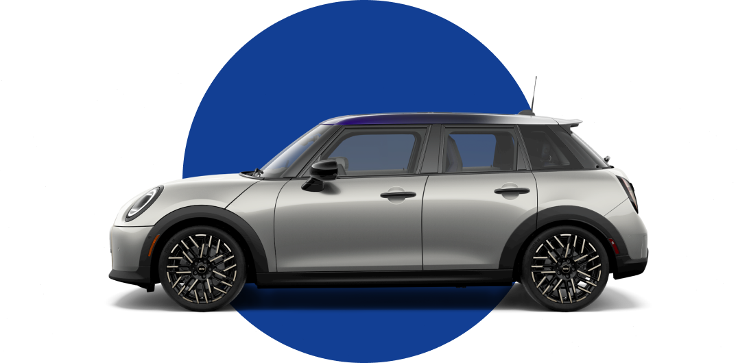 Side view of a MINI Cooper 4 Door in the Melting Silver III Metallic body color, facing left with its shadow underneath it.