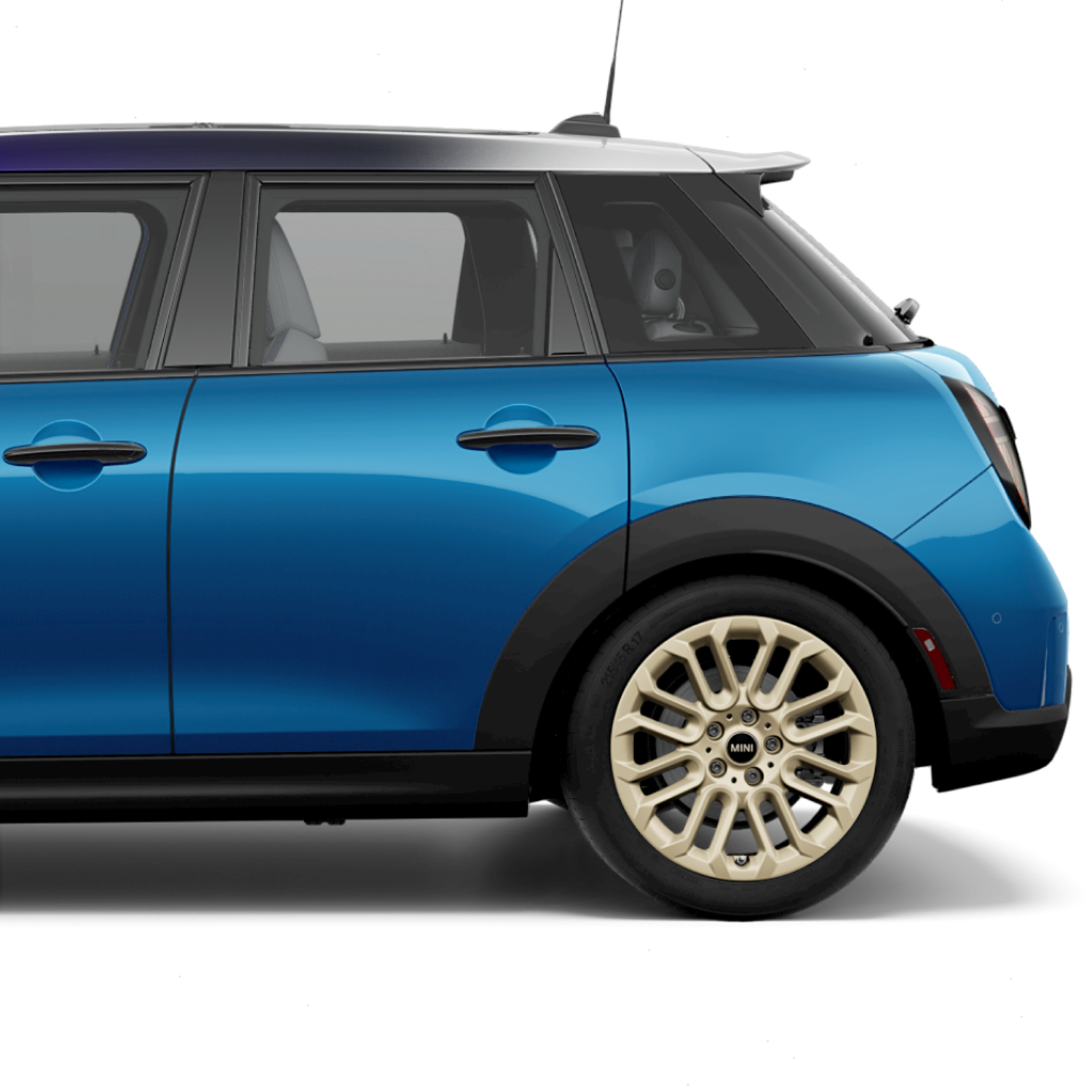 Side view of the rear of a MINI Cooper S 4 Door in Icy Sunshine Blue, parked on a blank white surface with its shadow underneath it and nothing in the background.