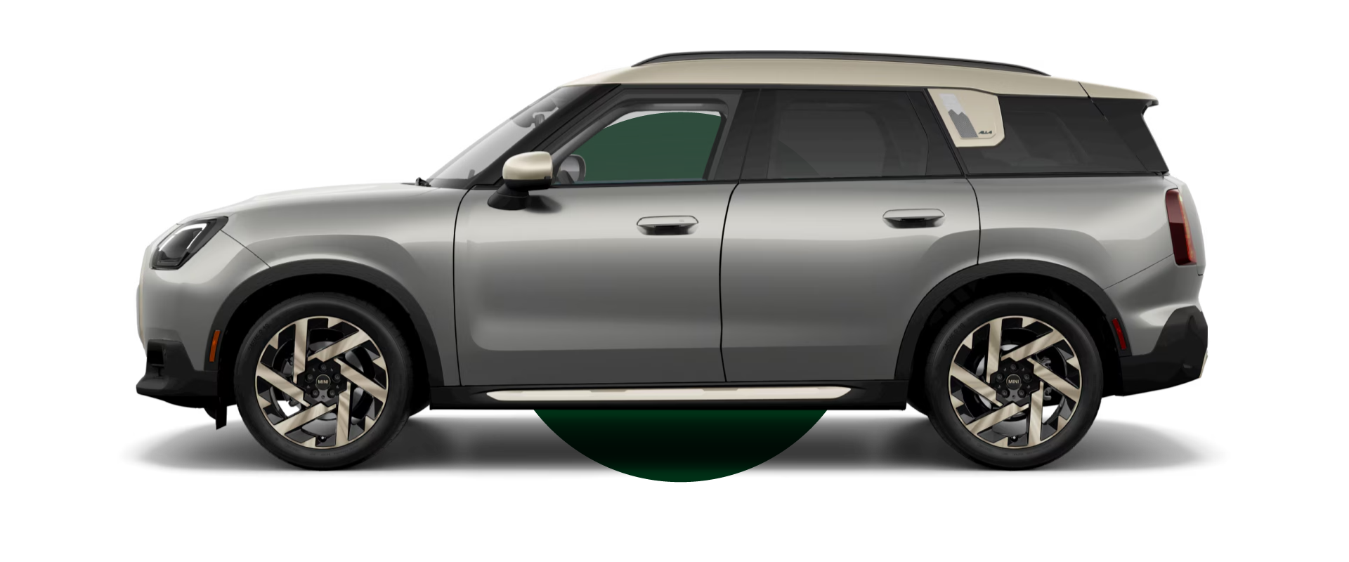  Side view of a MINI Countryman S ALL4 in the Melting Silver III body color, facing left with its shadow underneath it.