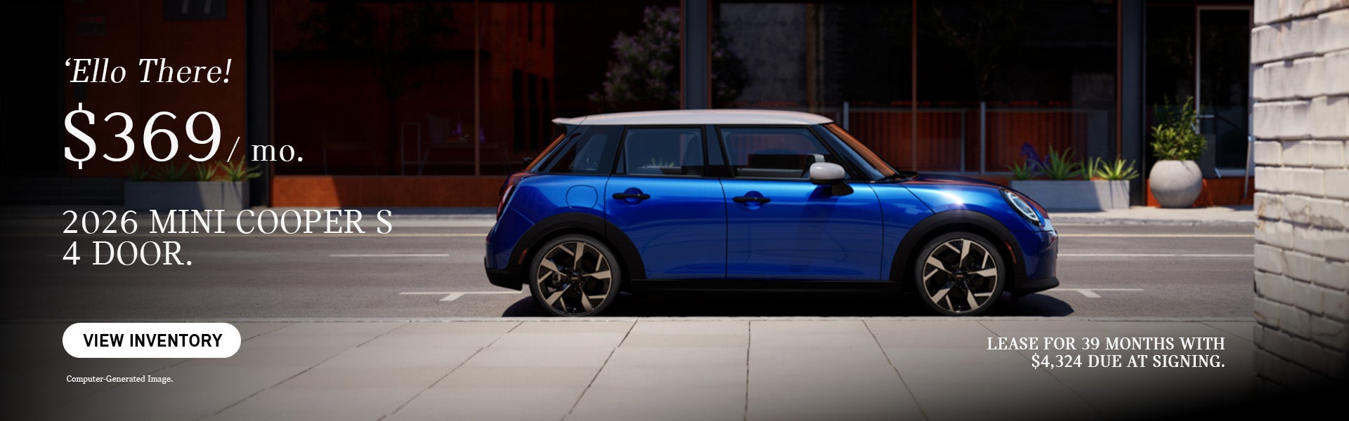 Side view of a blue MINI 4 door parked in the road.