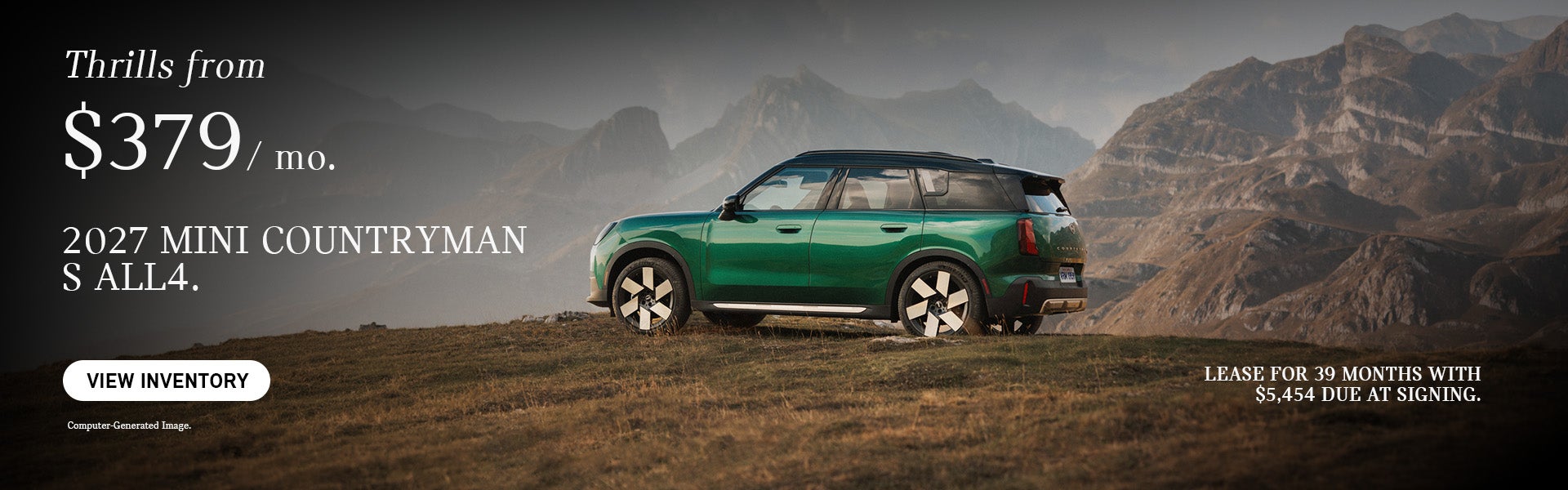 Side view of a green countryman parked on the top of a hill.