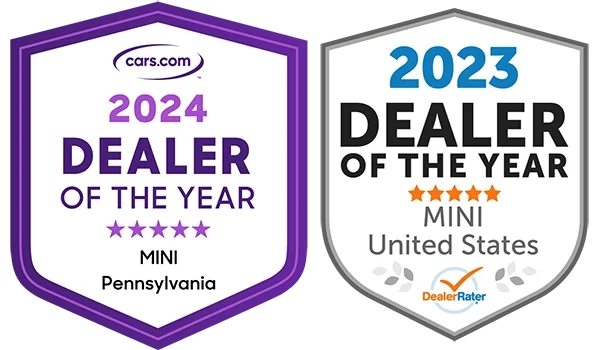 MINI of Allentown 2024 Pennsylvania Dealer of the Year from Cars.com and MINI of Allentown 2023 United States Dealer of the Year from DealerRater Badges.