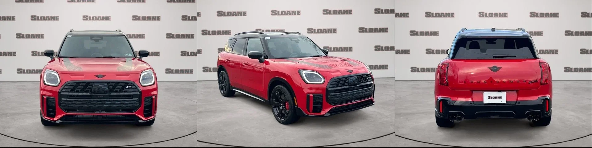 MINI JCW Countryman All4 Iconic in Chili Red II showing front, side, and rear exteriors.